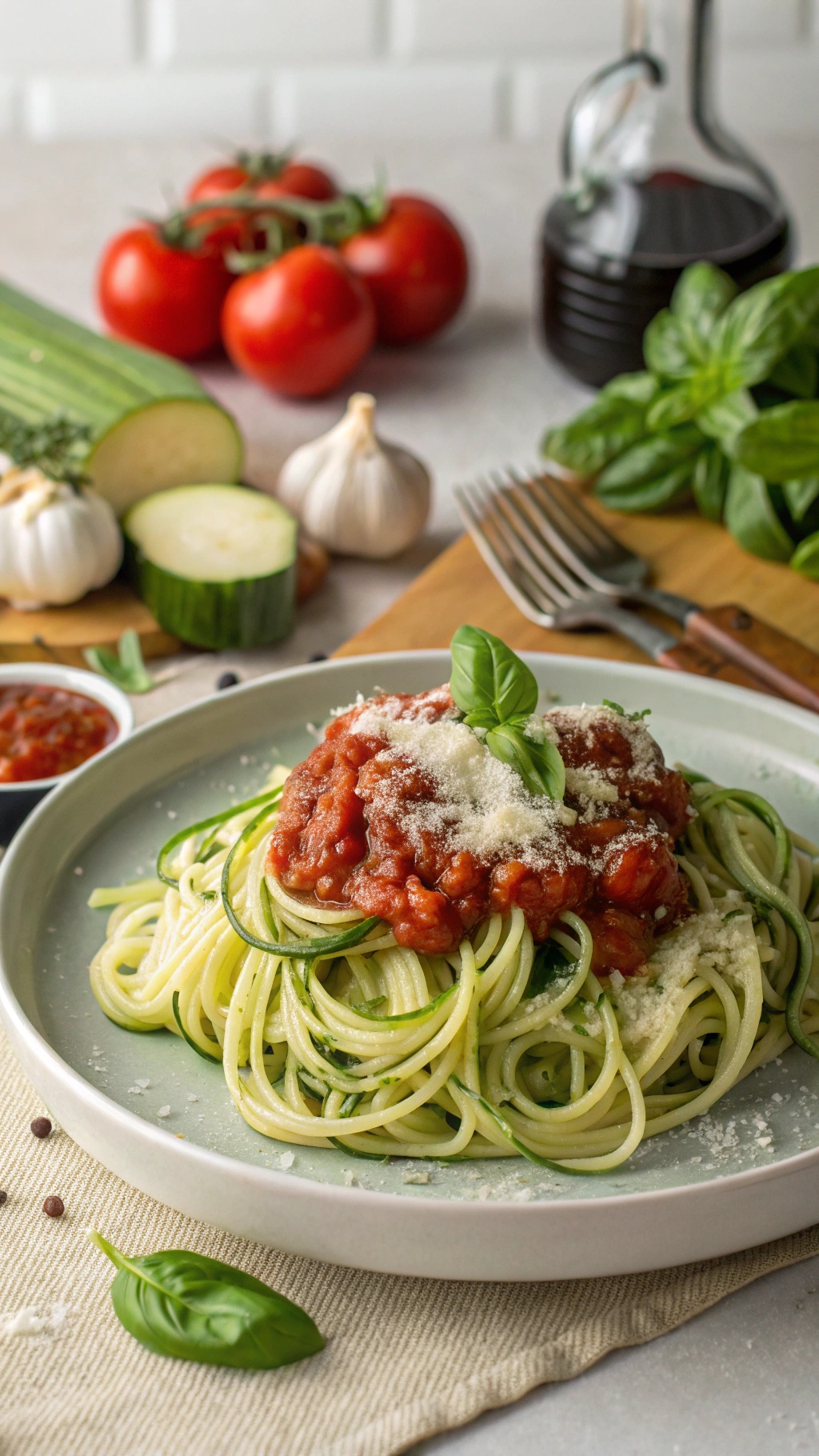 A plate of zucchini noodles topped with marinara sauce, fresh basil, and grated cheese, surrounded by fresh vegetables.