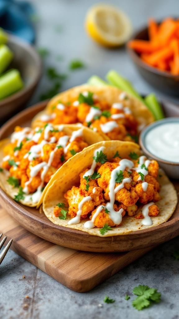 Buffalo cauliflower tacos topped with ranch dressing and cilantro, served on a wooden plate with fresh vegetables on the side.