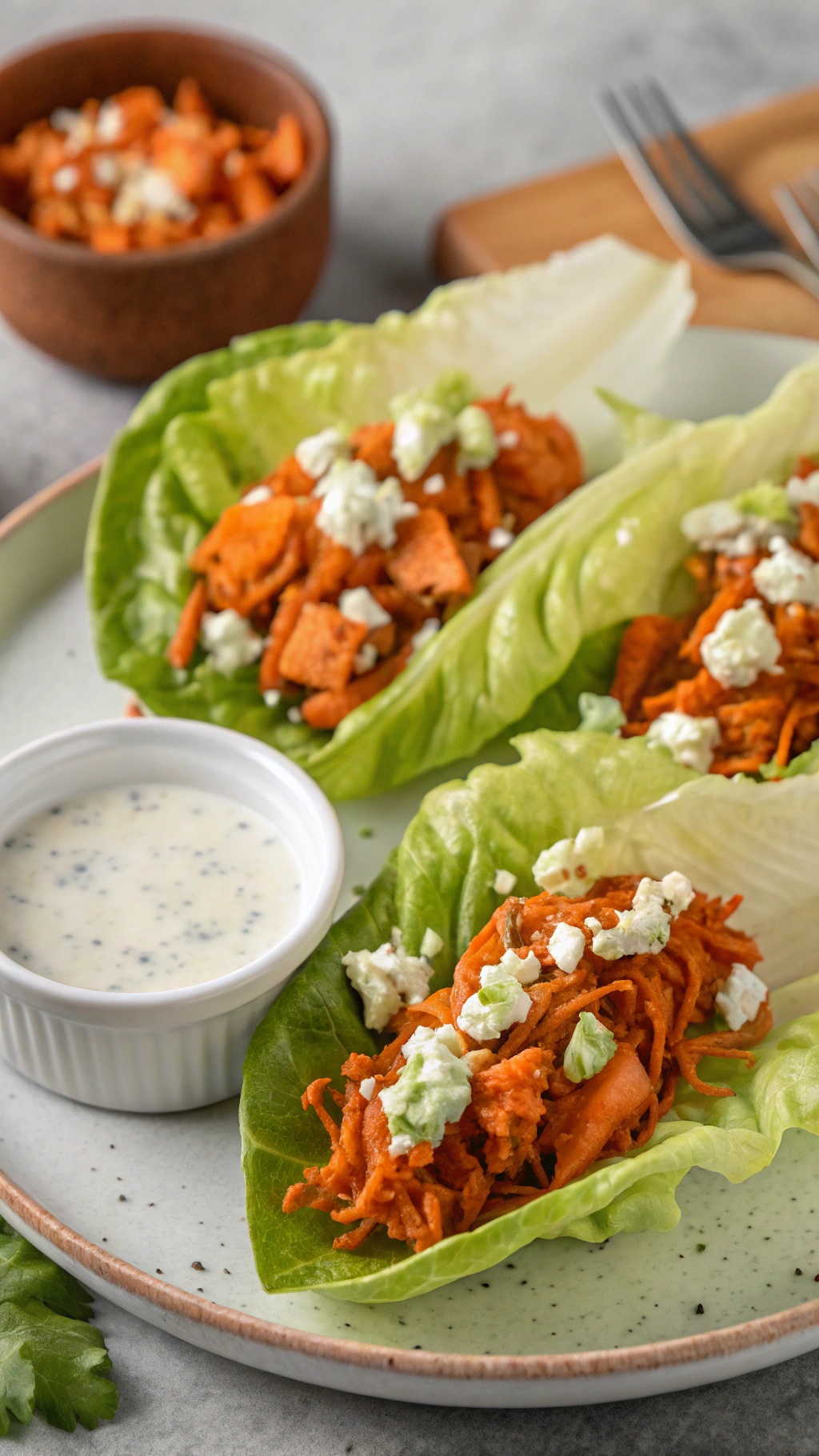 Buffalo chicken lettuce wraps with ranch dressing and toppings