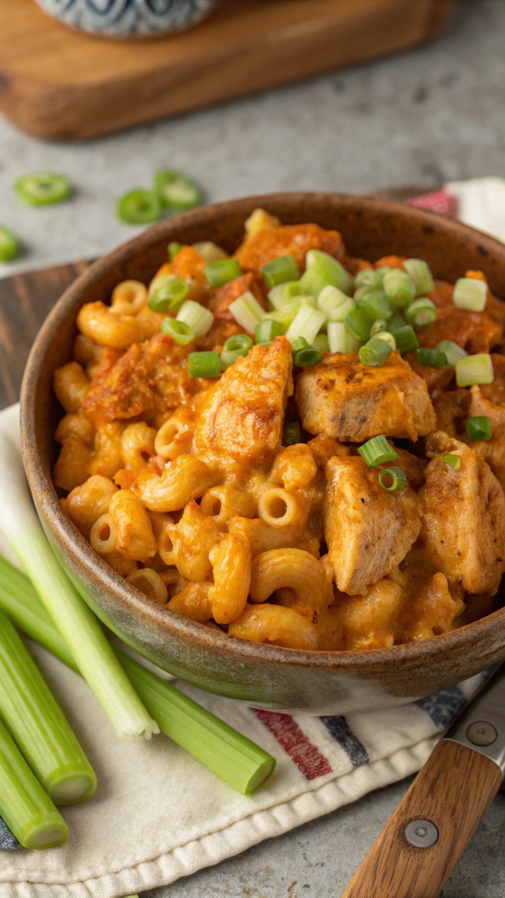A bowl of Buffalo Chicken Mac and Cheese topped with green onions, with celery sticks on the side.