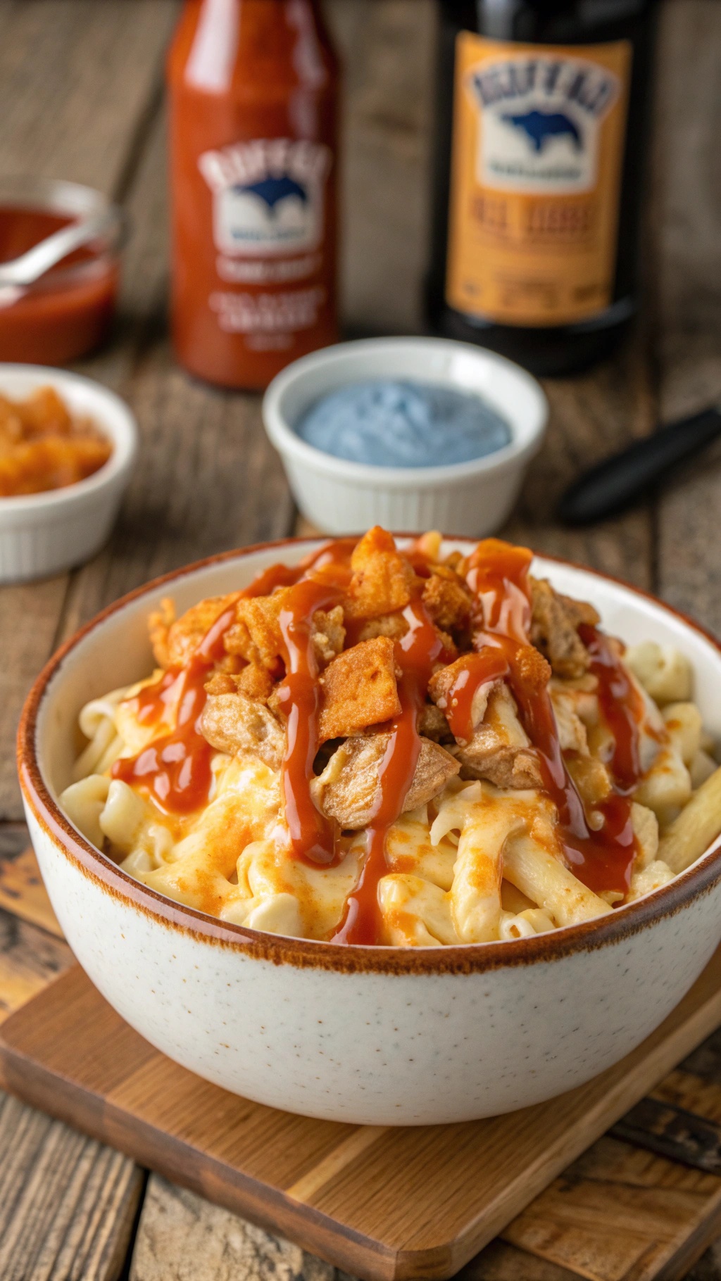 A bowl of Buffalo Chicken Mac and Cheese topped with crispy bits and drizzled with buffalo sauce.