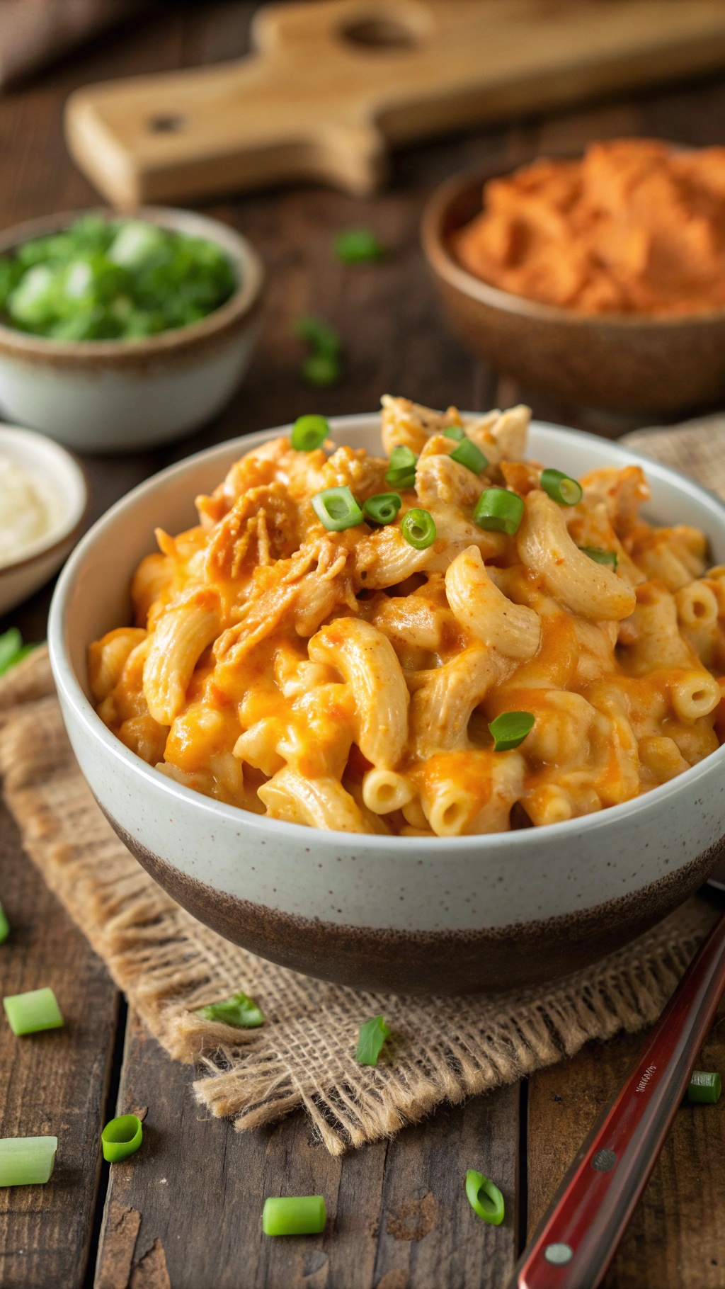 A bowl of Buffalo Chicken Mac and Cheese topped with green onions, surrounded by fresh ingredients.