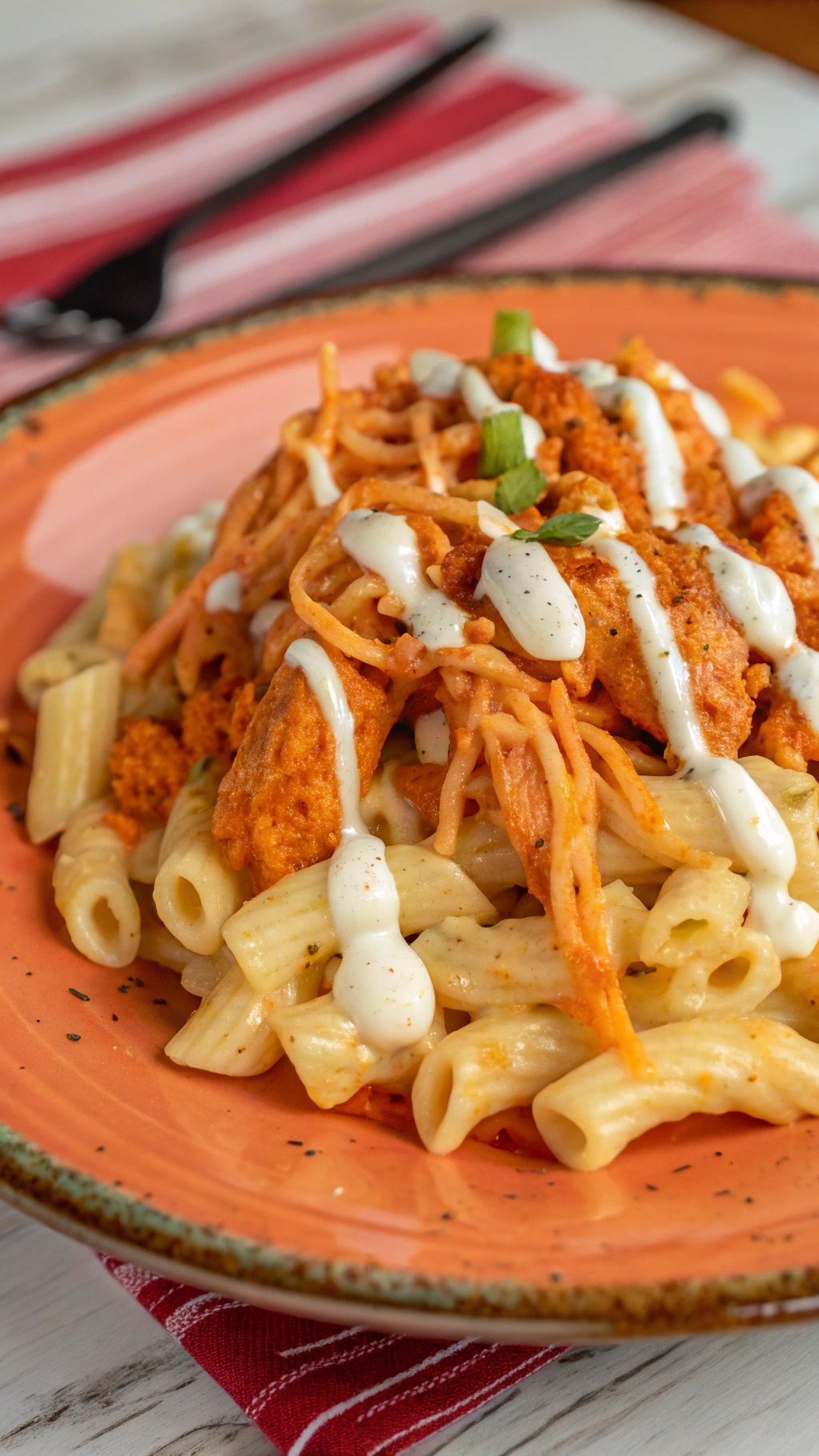 A vibrant plate of Buffalo Chicken Mac and Cheese topped with ranch dressing and green onions.