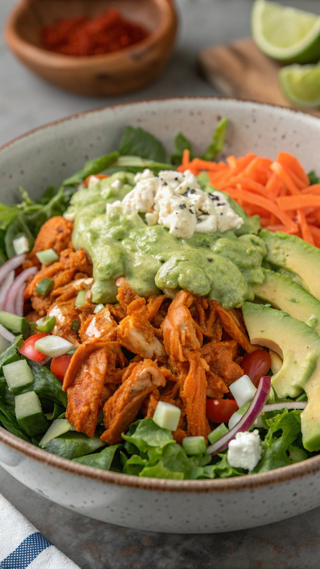 A colorful bowl of buffalo chicken salad topped with avocado dressing, featuring greens, tomatoes, cucumbers, and shredded carrots.