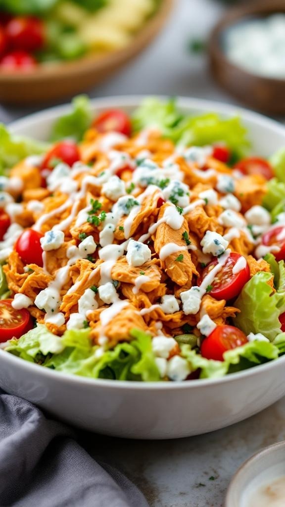 A colorful Buffalo Chicken Salad with shredded chicken, cherry tomatoes, blue cheese, and ranch dressing on a bed of lettuce.
