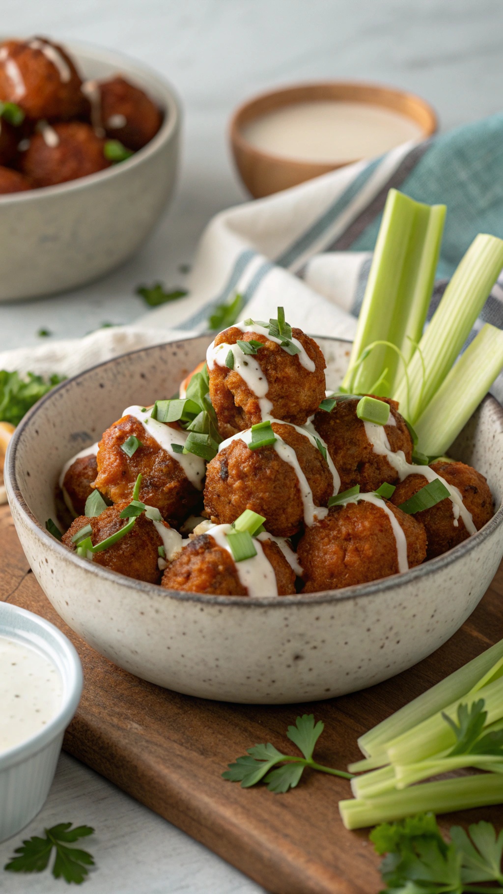 A bowl of buffalo meatballs drizzled with ranch dressing, garnished with green onions, and served with celery sticks.