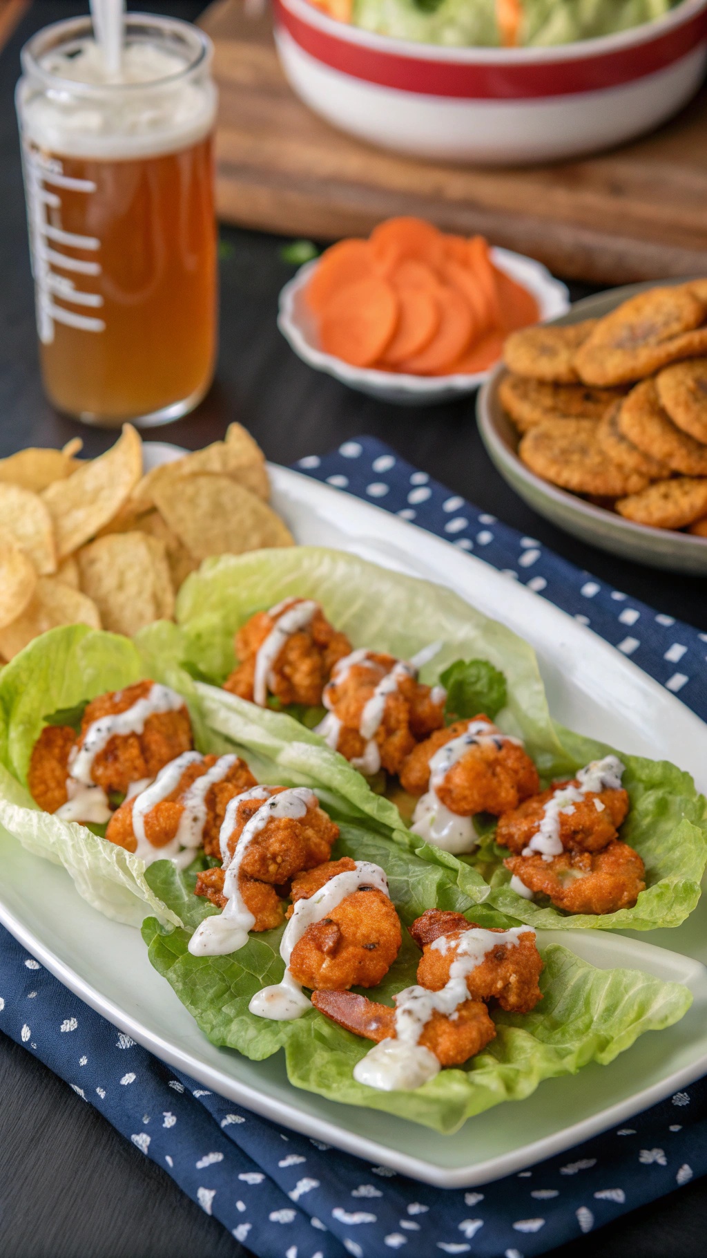 Buffalo shrimp lettuce wraps with ranch dressing on a plate, accompanied by chips and carrot slices.