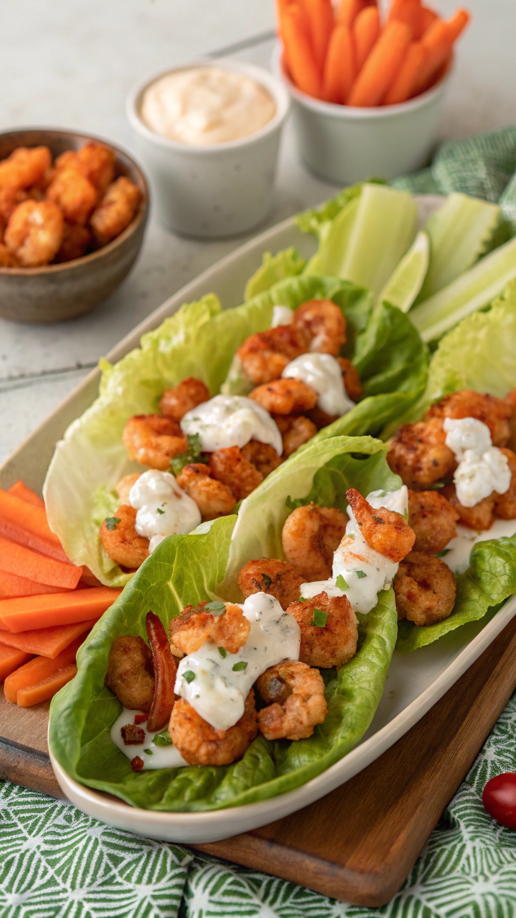 Buffalo shrimp lettuce wraps with ranch dressing and carrot sticks