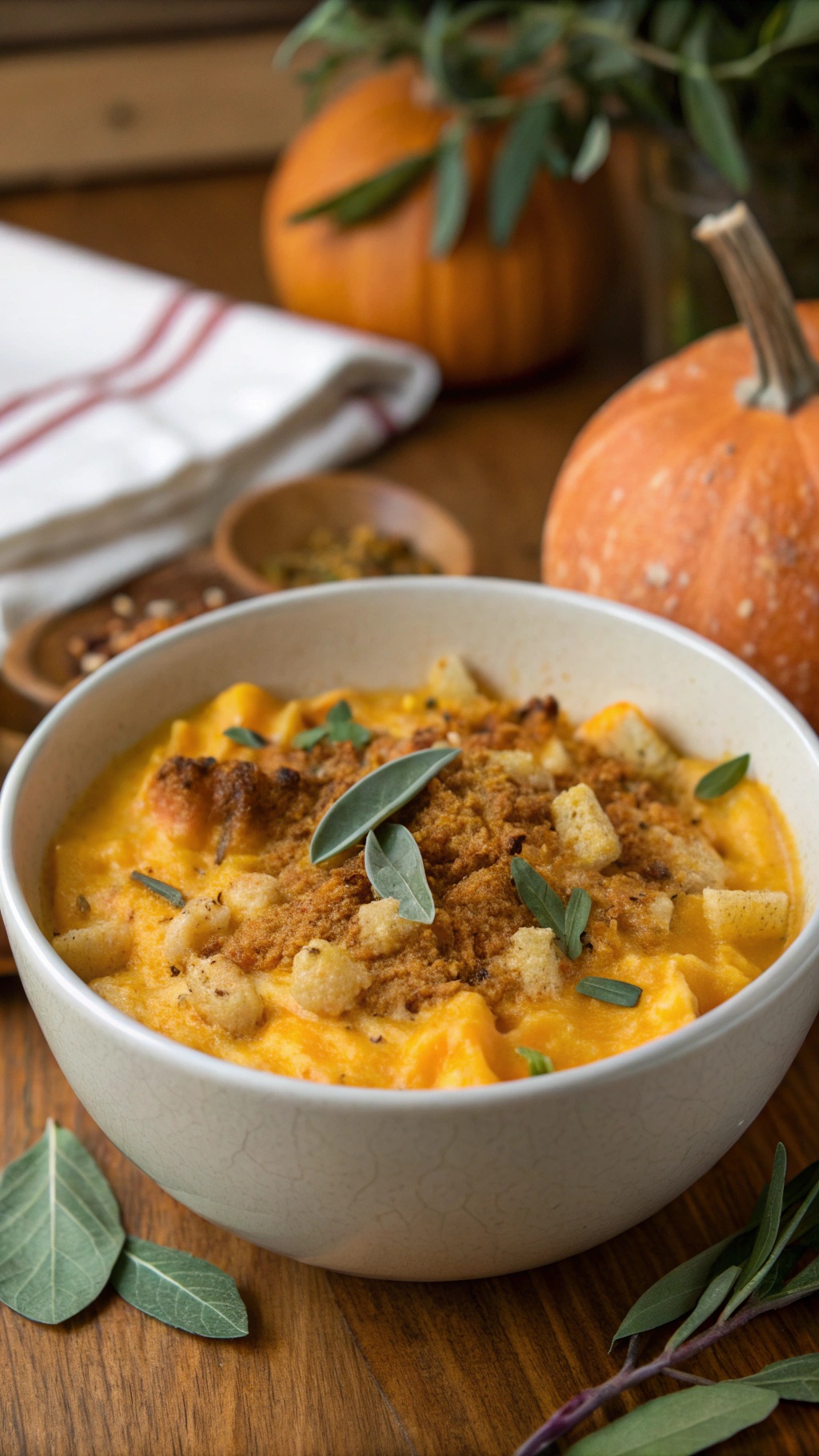A bowl of butternut squash mac and cheese topped with breadcrumbs and fresh herbs, surrounded by pumpkins.