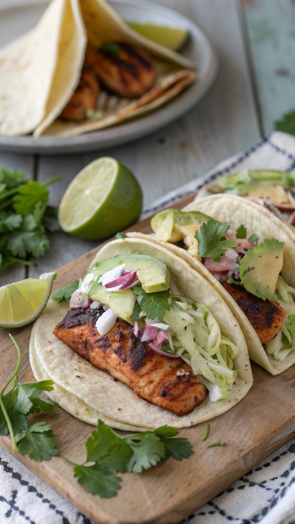 Cajun blackened salmon tacos with avocado, cabbage, and lime