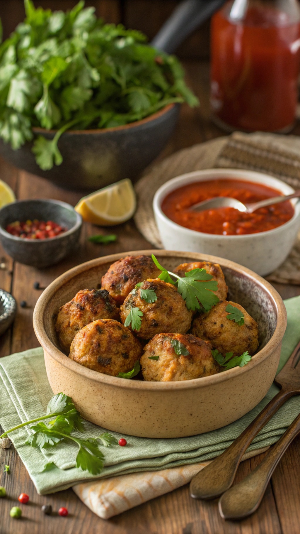 Bowl of Cajun chicken meatballs garnished with cilantro, served with marinara sauce and fresh ingredients.