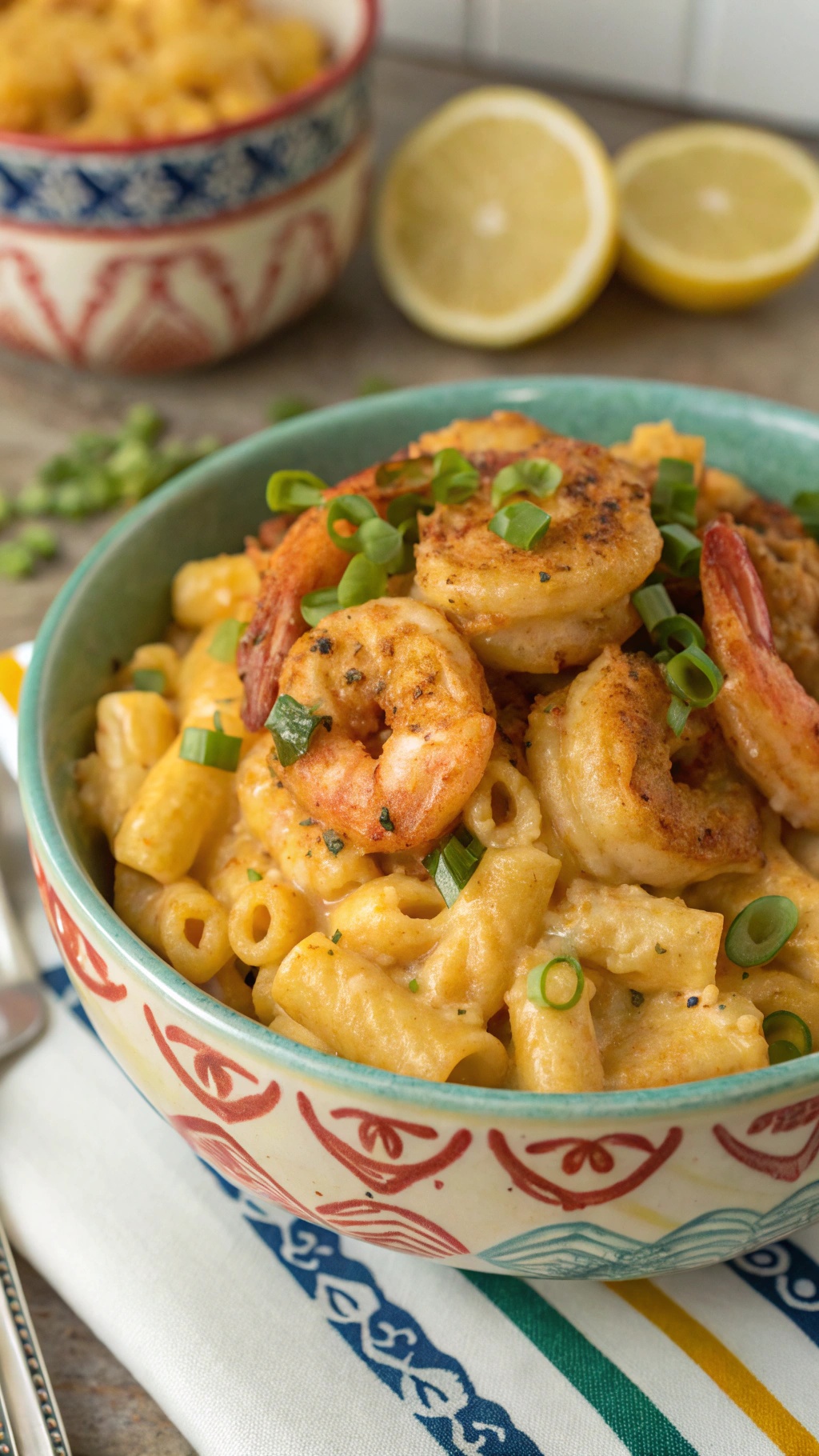 A bowl of Cajun Shrimp Mac and Cheese topped with shrimp and green onions, with lemon slices in the background.