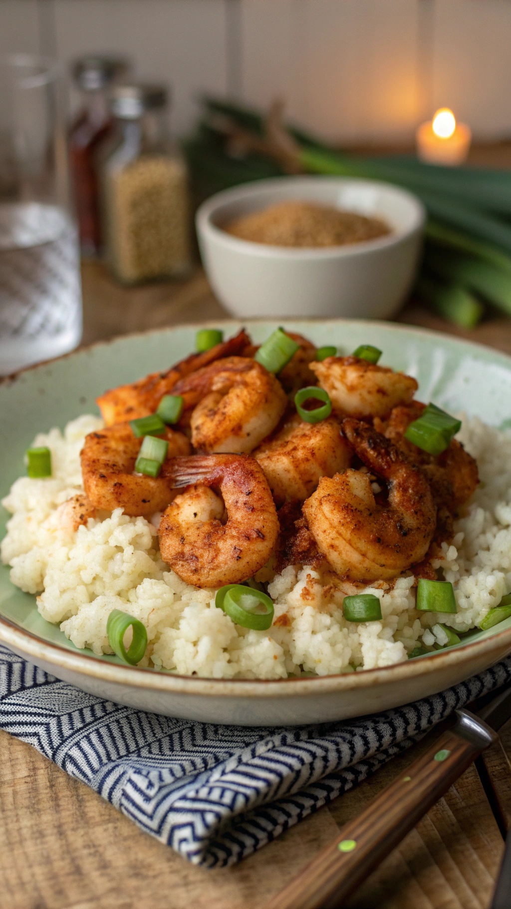 Cajun shrimp served on cauliflower rice with green onions
