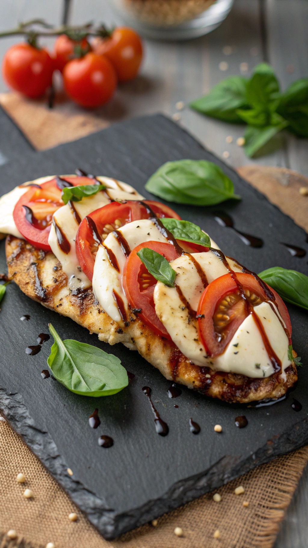 A delicious plate of Caprese Chicken topped with mozzarella, tomatoes, and basil, drizzled with balsamic glaze.