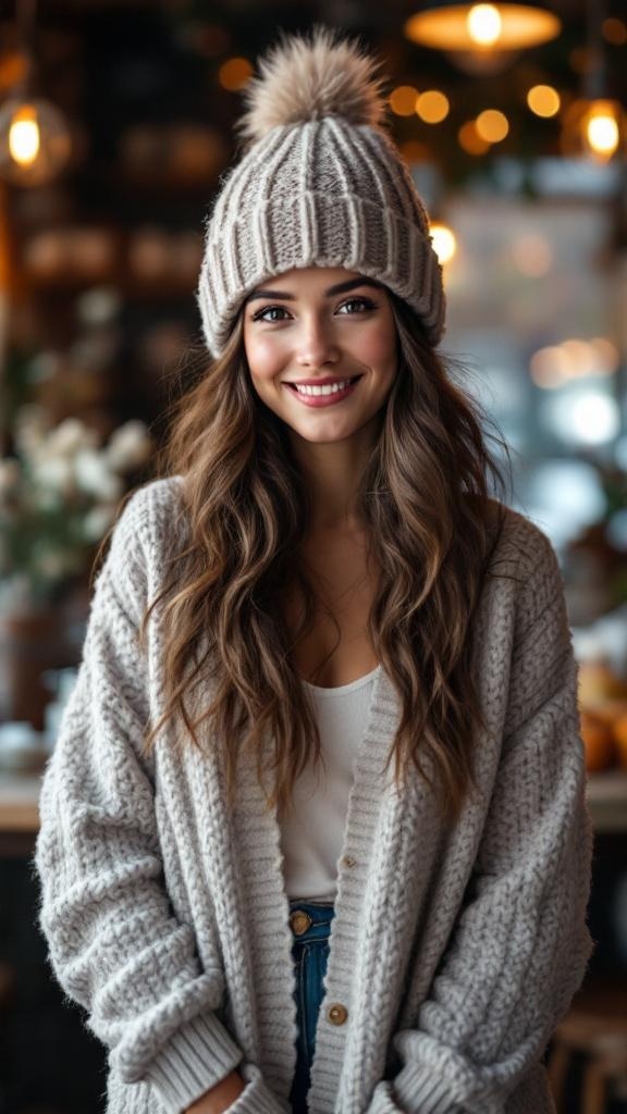 A woman smiling while wearing a cozy cardigan and a knit beanie, showcasing a cute winter outfit.