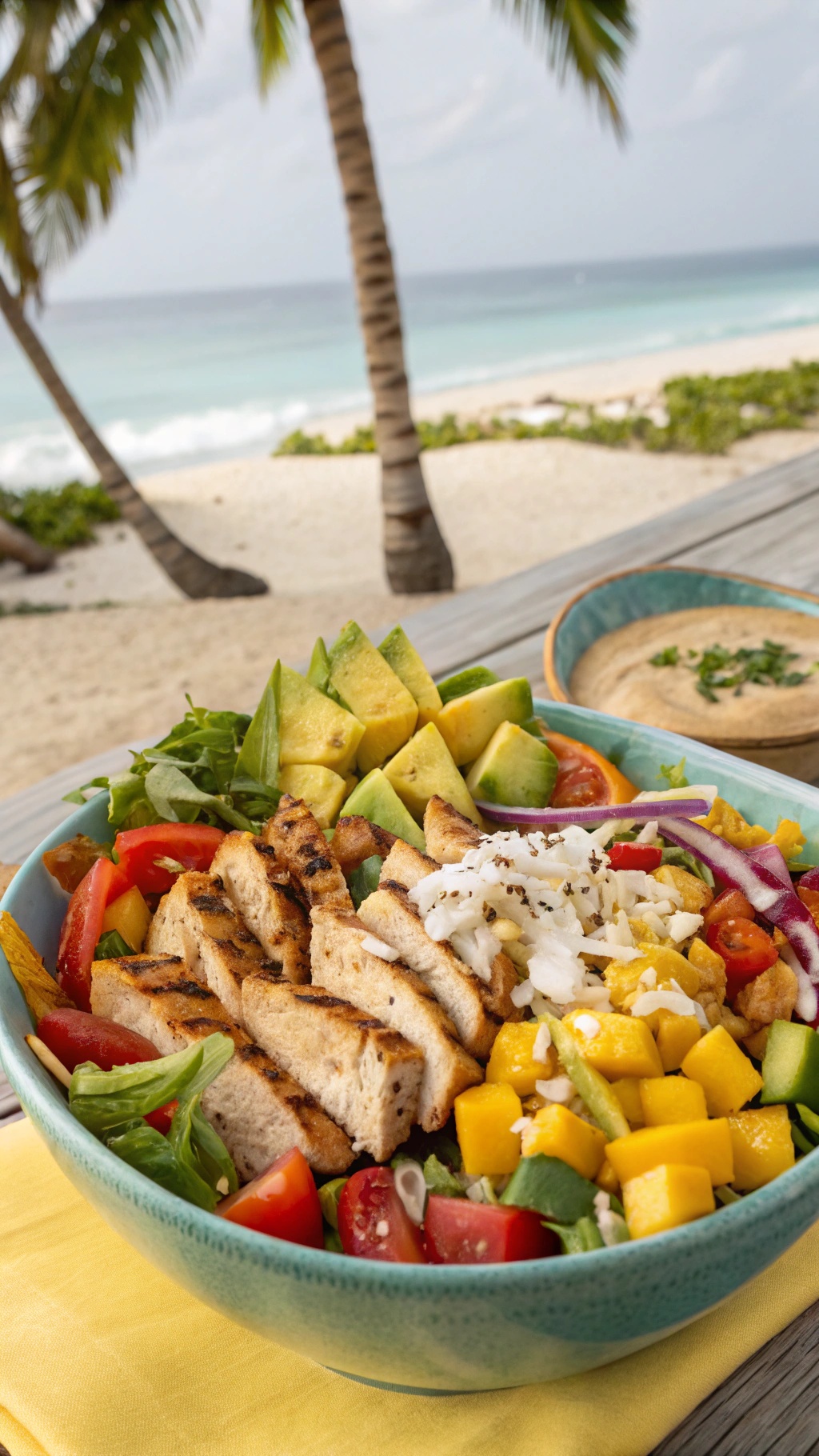 A colorful Caribbean-inspired taco salad with grilled chicken, pineapple, avocado, and mixed greens, set against a beach backdrop.