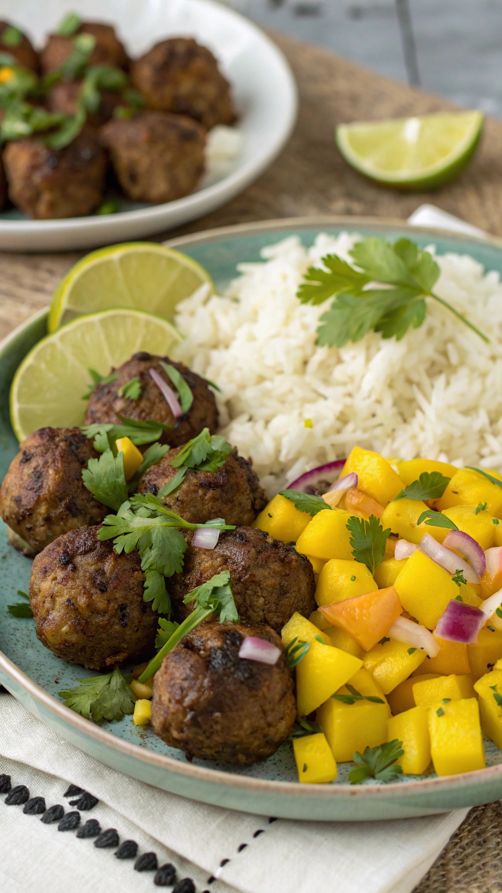 Caribbean Jerk Meatballs served with rice and mango salsa