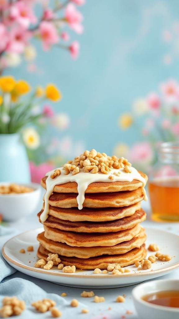 A stack of carrot cake pancakes topped with cream cheese frosting and nuts, surrounded by flowers.