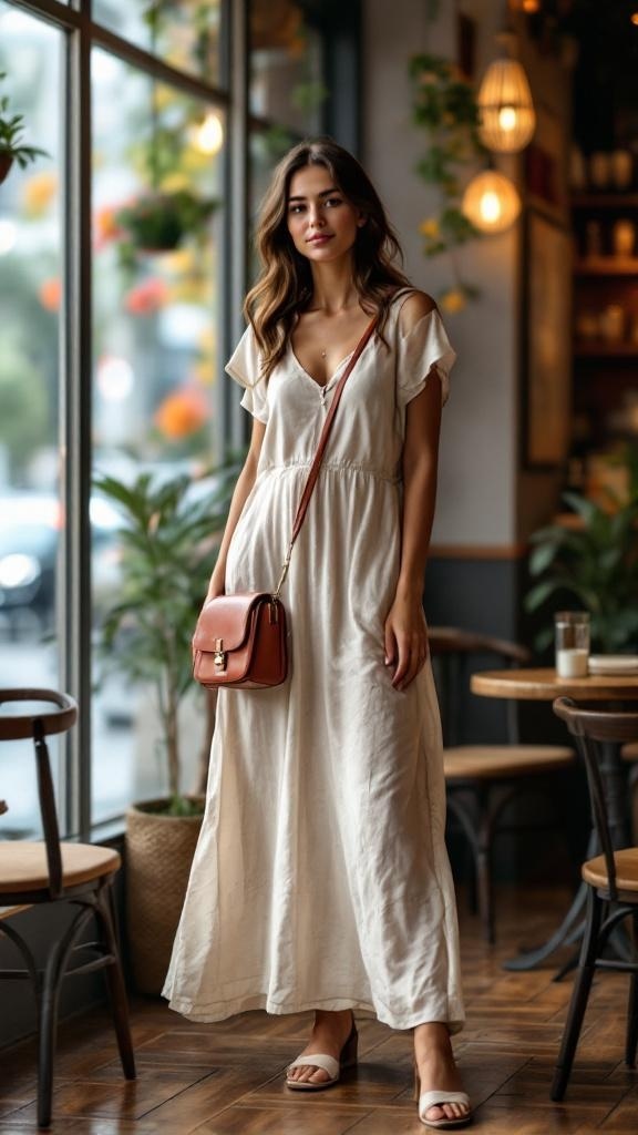 A woman wearing a casual maxi dress with a crossbody bag, standing indoors with plants and wooden furniture around her.