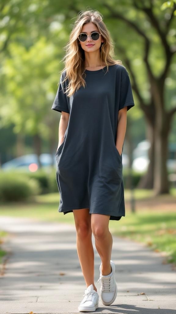 A young woman wearing a white t-shirt dress and sneakers, standing in a park with trees in the background.