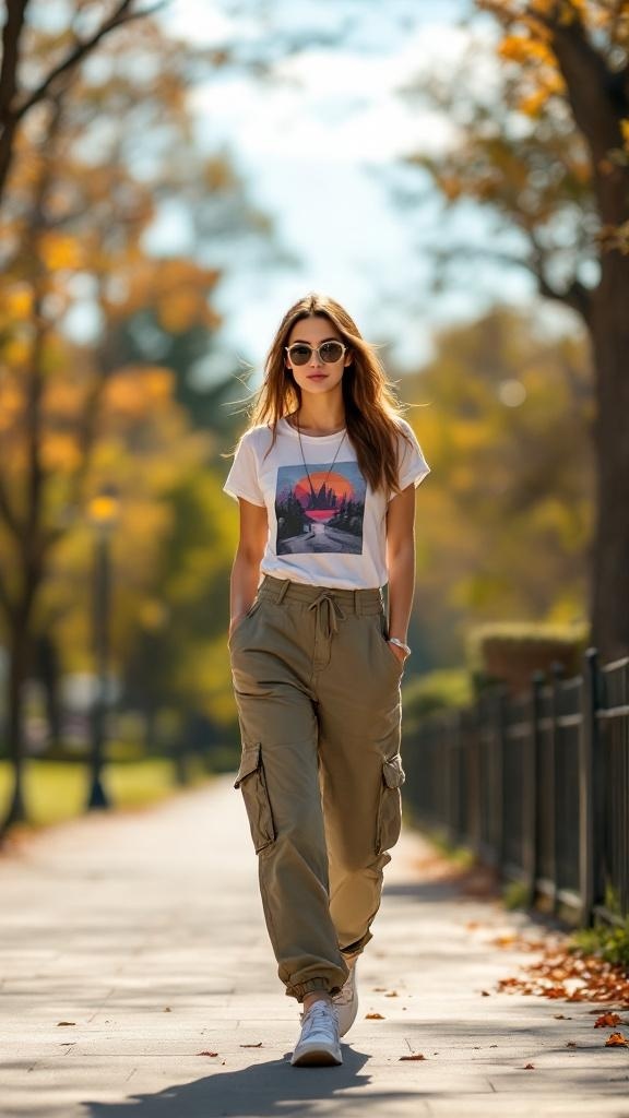 A young woman walking in a park wearing olive green cargo pants and a graphic tee, enjoying a sunny day.