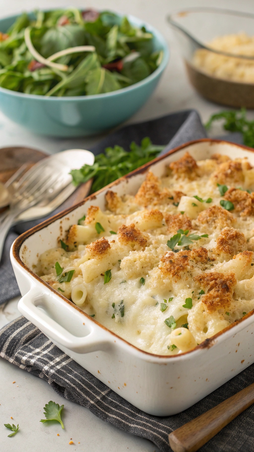 A delicious cauliflower alfredo pasta bake topped with breadcrumbs and fresh herbs, served with a side salad.