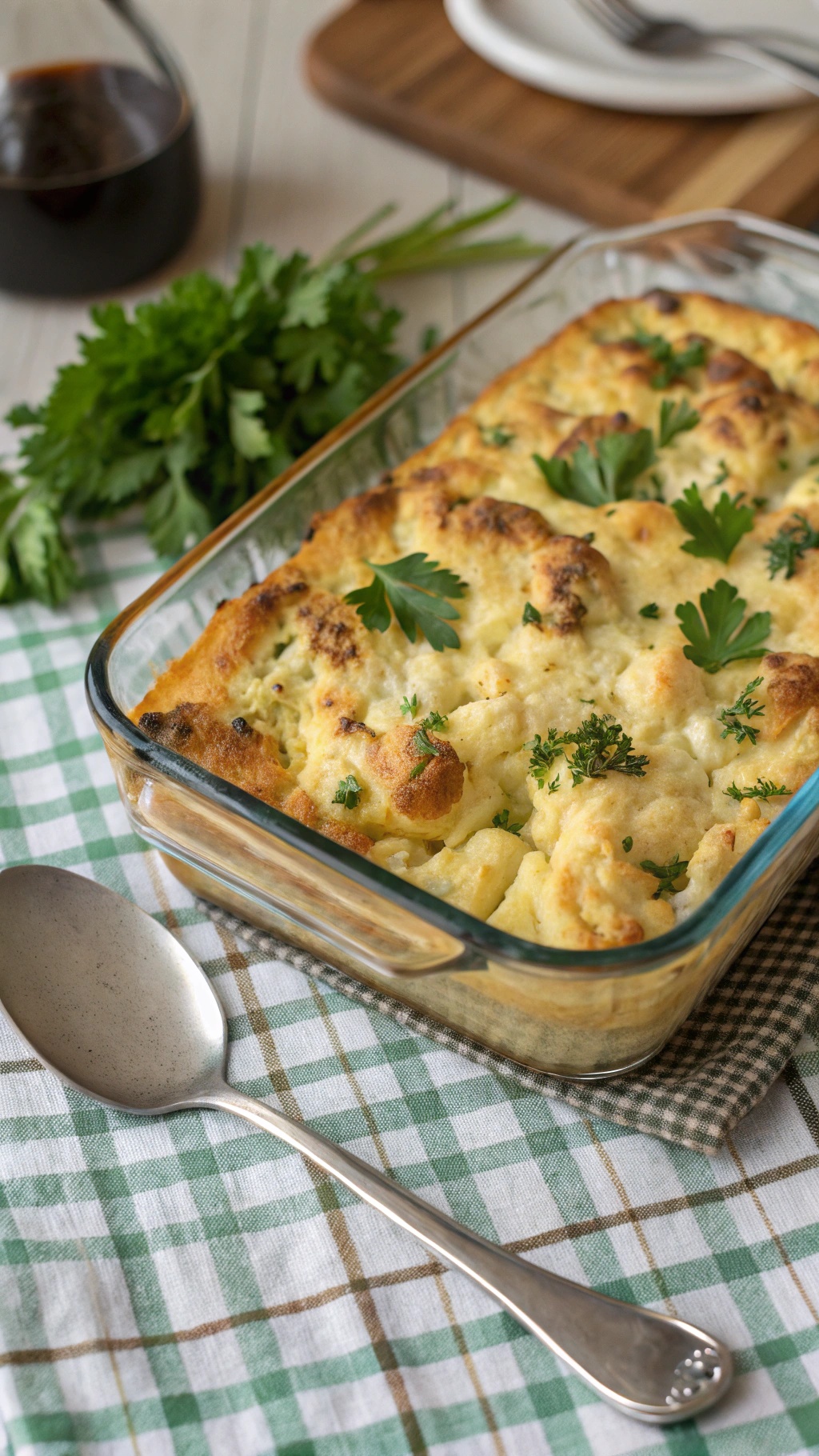A delicious cauliflower and egg breakfast casserole topped with fresh herbs in a glass baking dish.