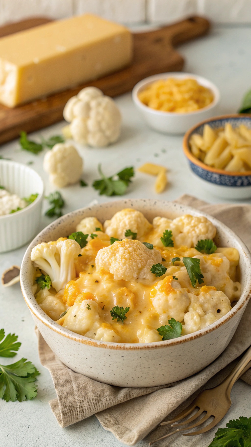A bowl of cauliflower mac and cheese topped with cheese and herbs, surrounded by ingredients like cheese blocks and cauliflower.