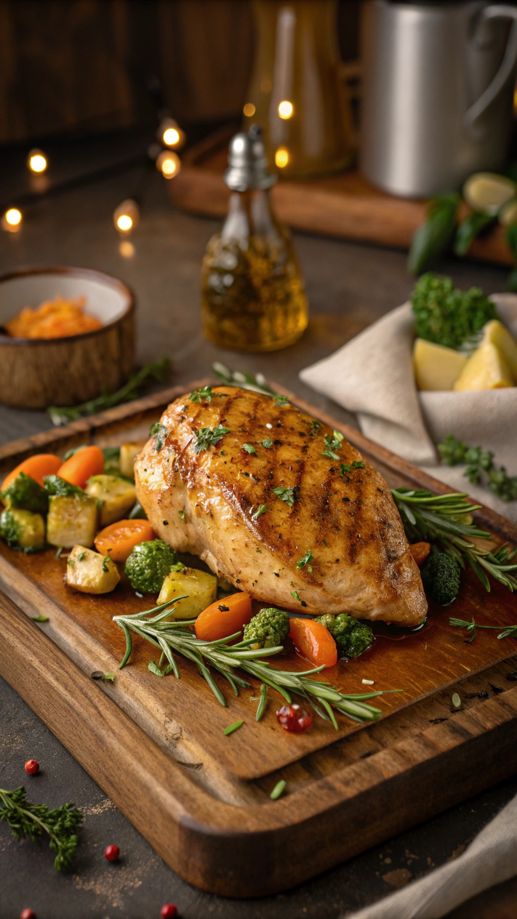 A beautifully grilled chicken breast with herb butter, surrounded by colorful roasted vegetables on a wooden cutting board.
