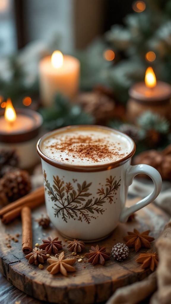 A cozy Chai Spice Mocktail in a decorated cup, surrounded by festive elements.