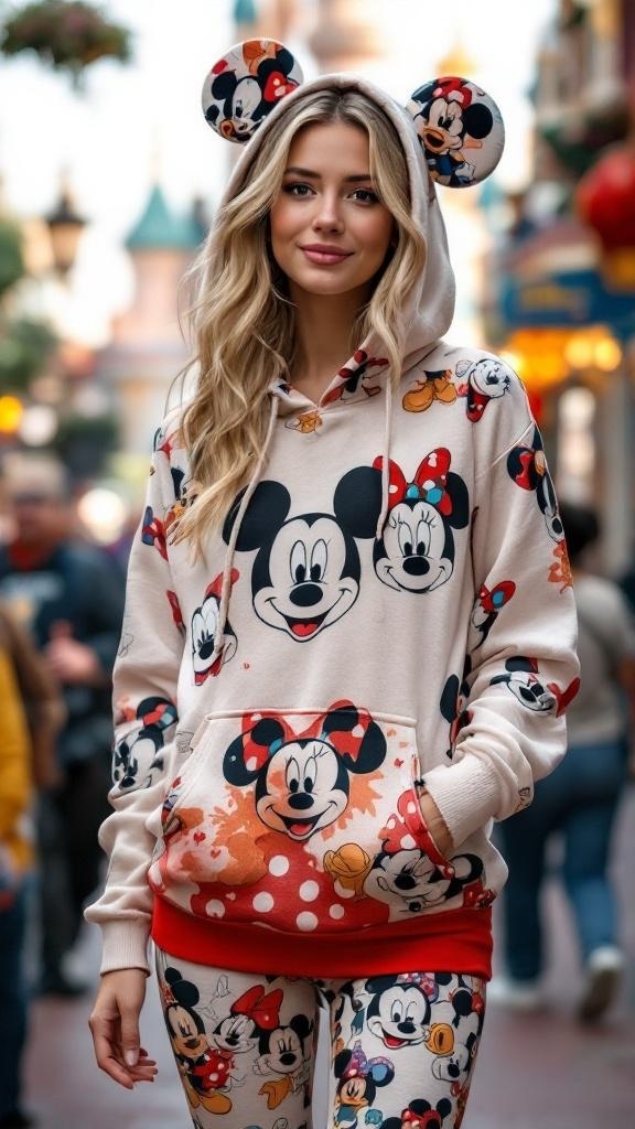 A young woman wearing a character-themed hoodie with mouse ears and leggings featuring Disney characters, standing in Disneyland.