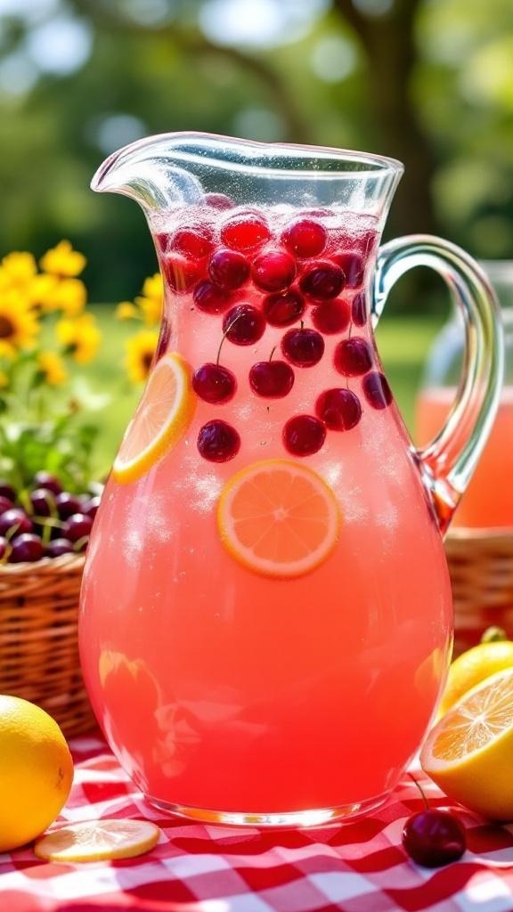 A pitcher of Cherry Lemonade Punch with cherries and lemon slices