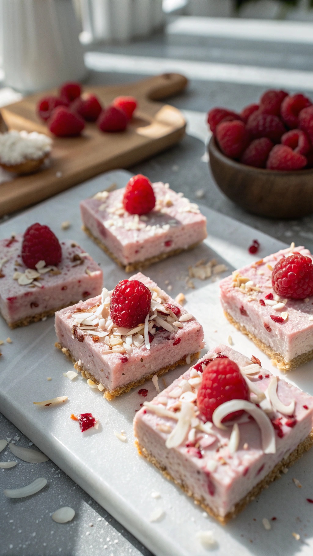 No-bake raspberry coconut cream bars topped with fresh raspberries and coconut flakes