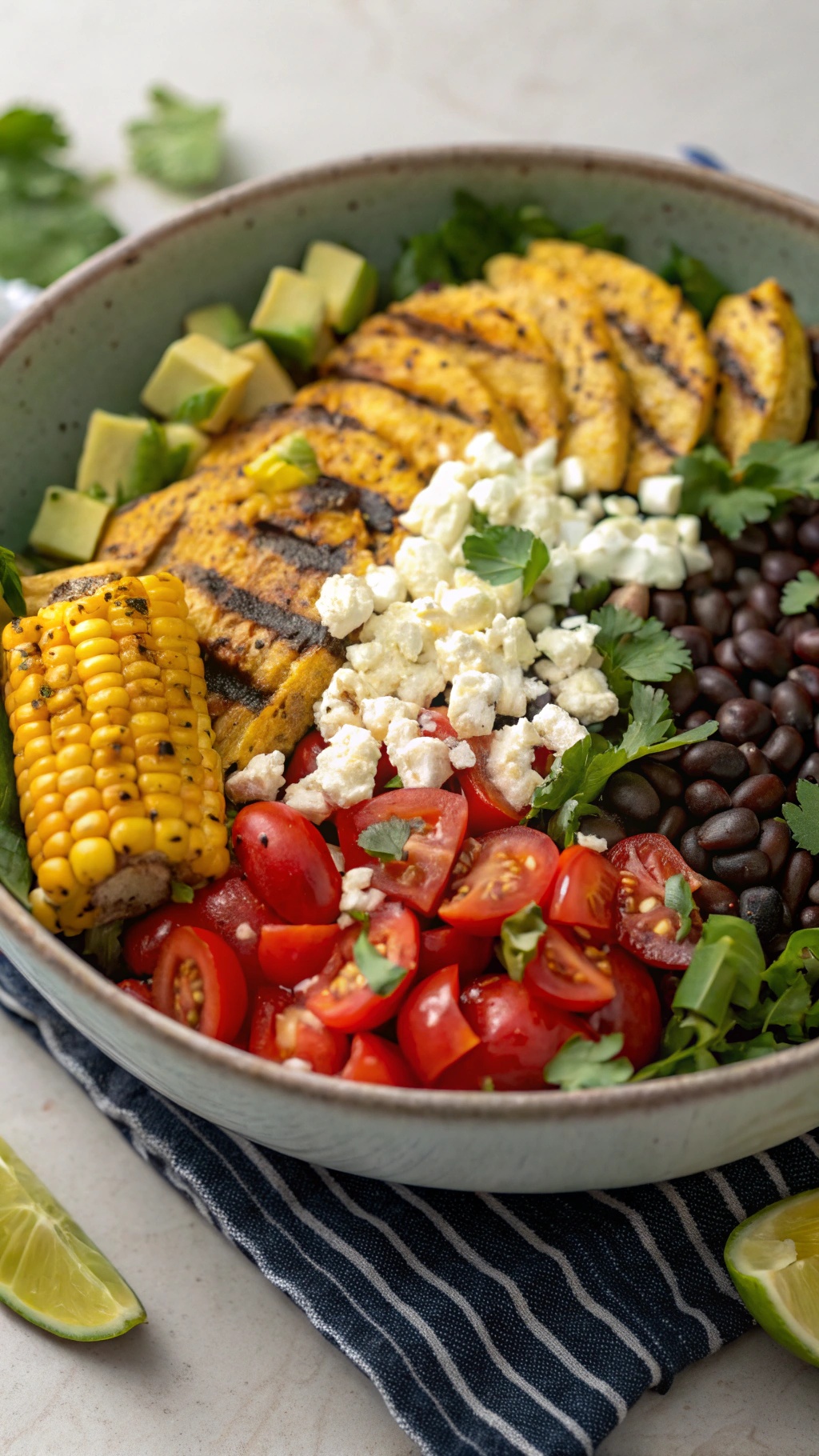 A colorful taco salad with charred corn, tomatoes, feta cheese, black beans, and avocado.