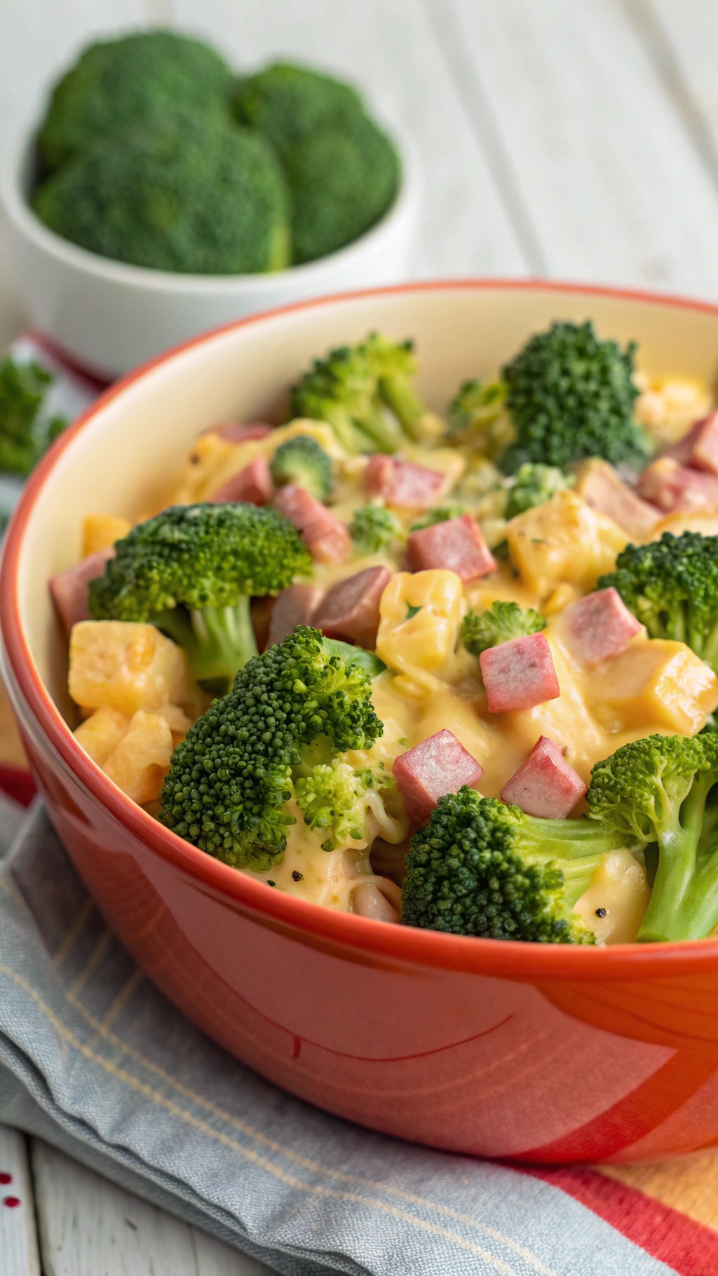 A bowl of cheesy broccoli and ham keto mac with vibrant broccoli florets and diced ham.
