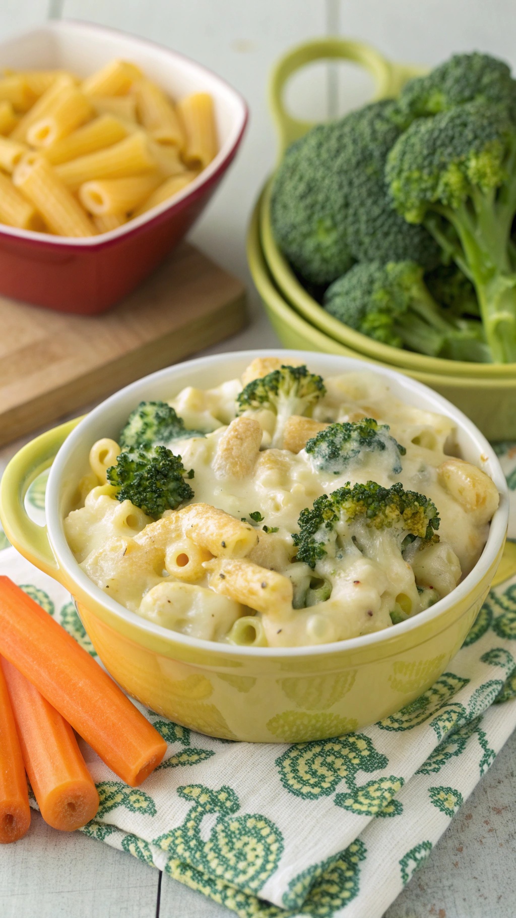 A bowl of Cheesy Broccoli Mac with broccoli and carrots on the side.