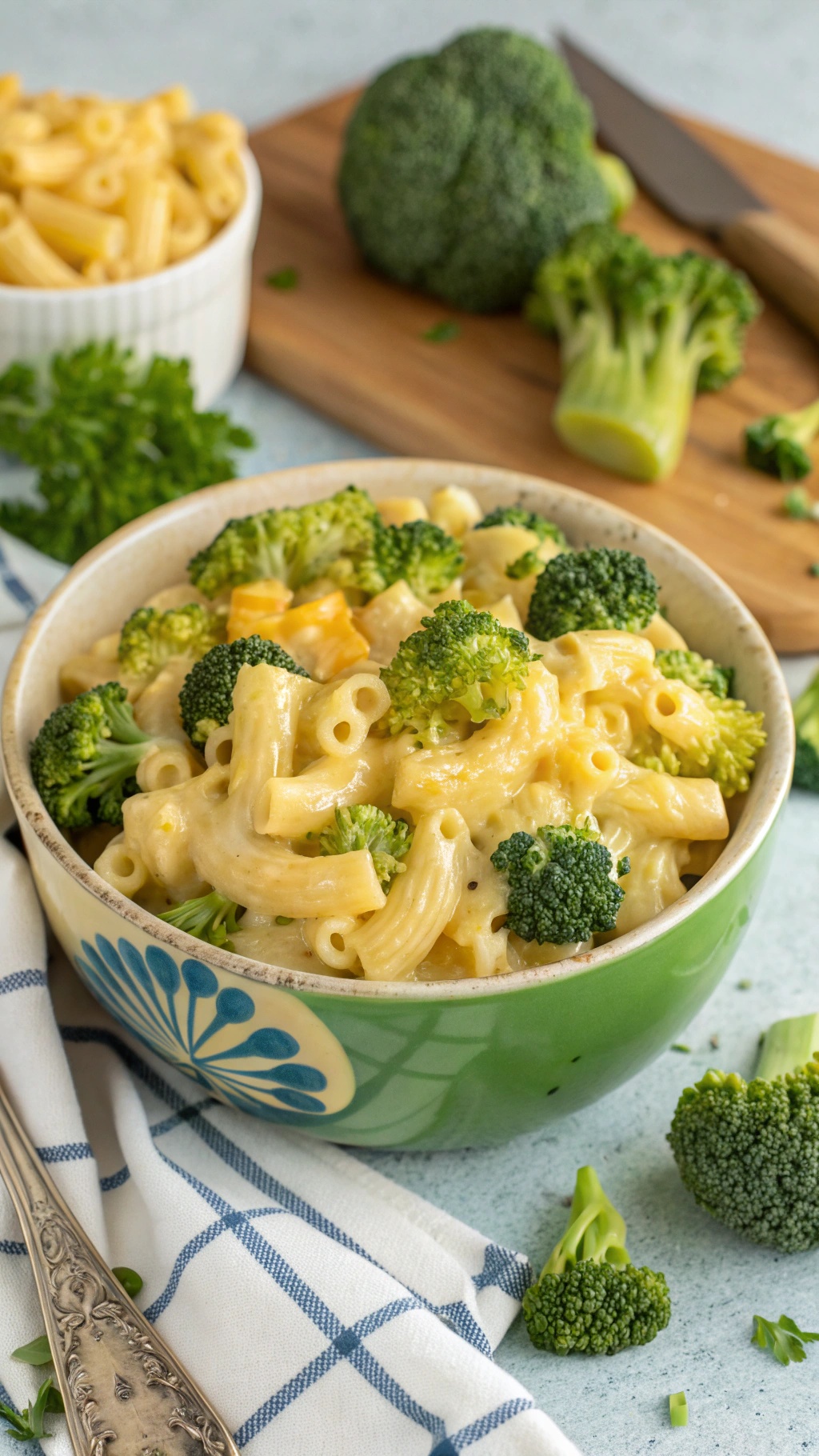 A bowl of Cheesy Broccoli Mac and Cheese with elbow pasta and broccoli florets.