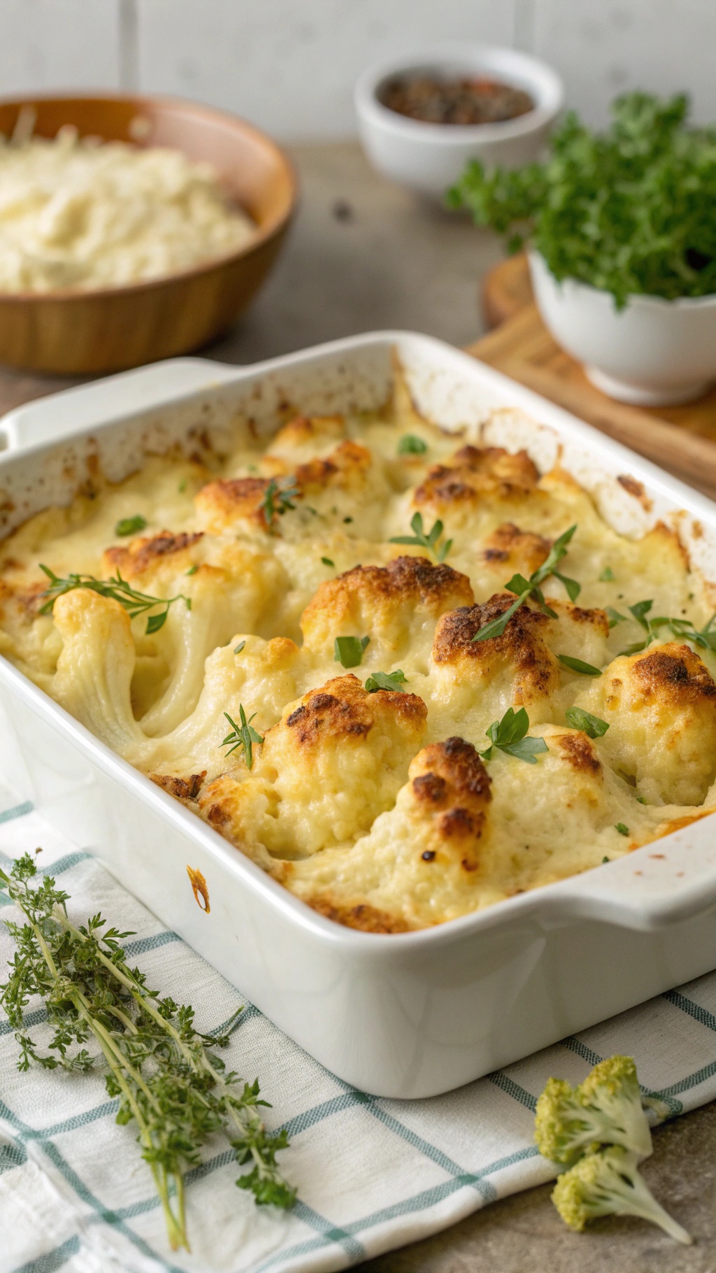A cheesy cauliflower casserole baked to golden perfection, topped with fresh herbs.