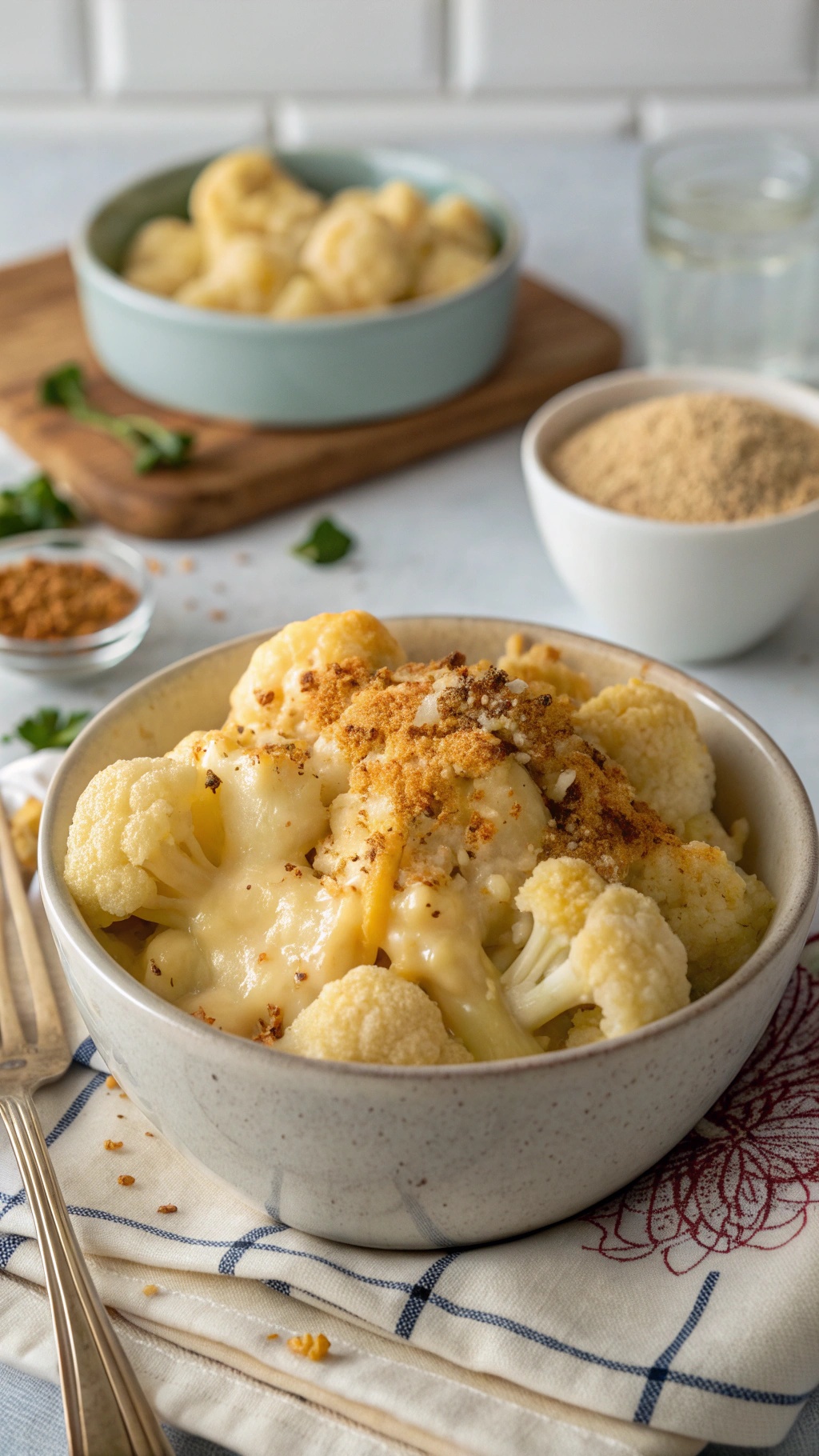A bowl of cheesy cauliflower mac and cheese topped with breadcrumbs, with more cauliflower and ingredients in the background.