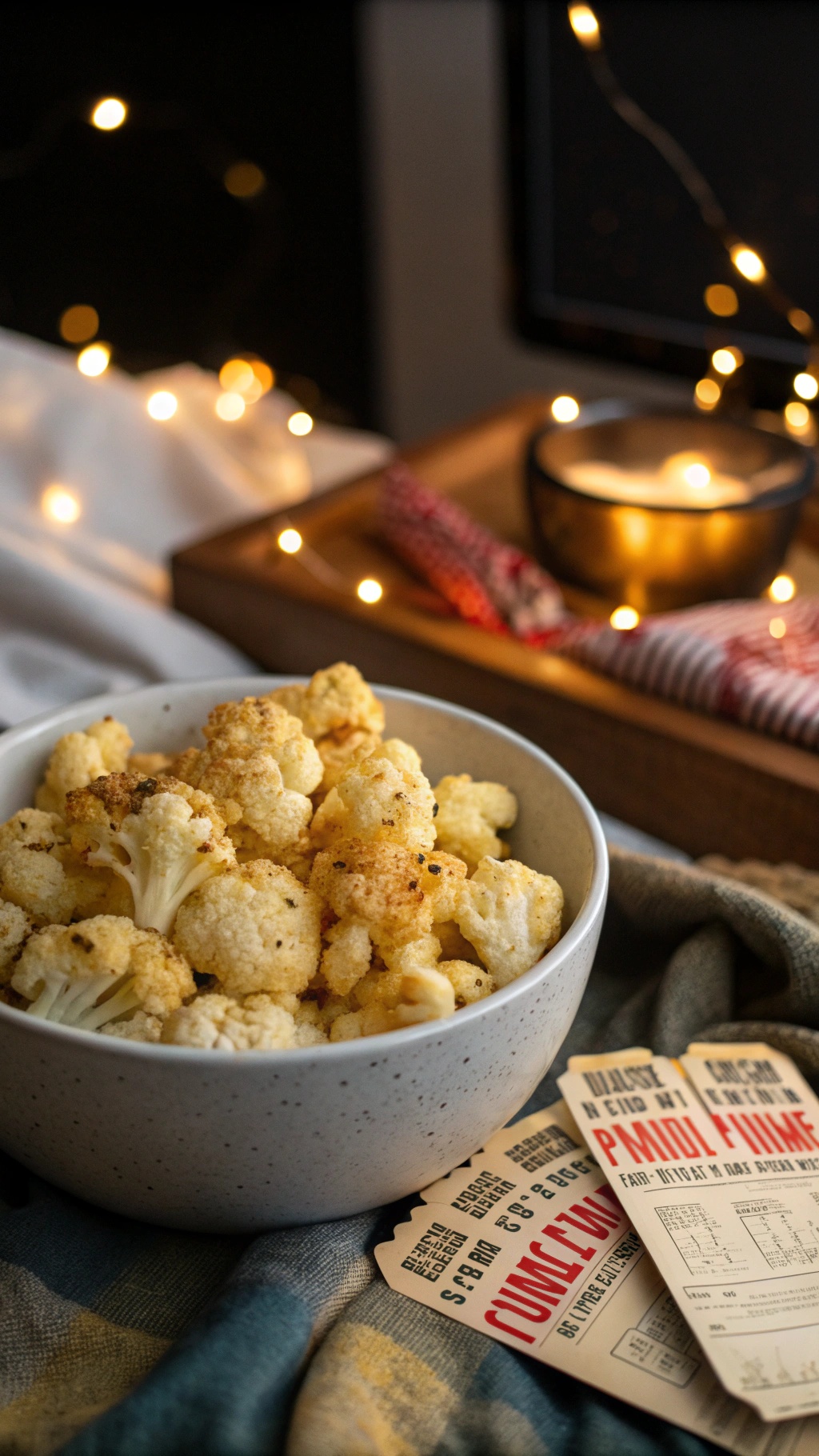 A cozy bowl of cheesy cauliflower popcorn with twinkling lights in the background.