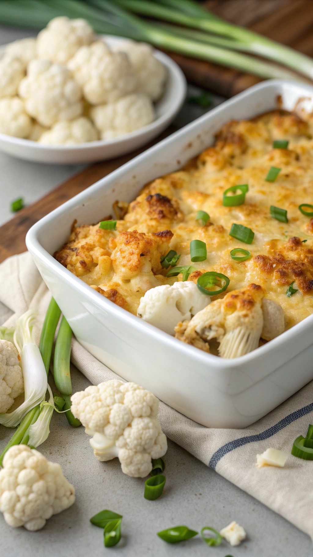 A cheesy chicken and cauliflower bake with green onions on top, served in a white baking dish.