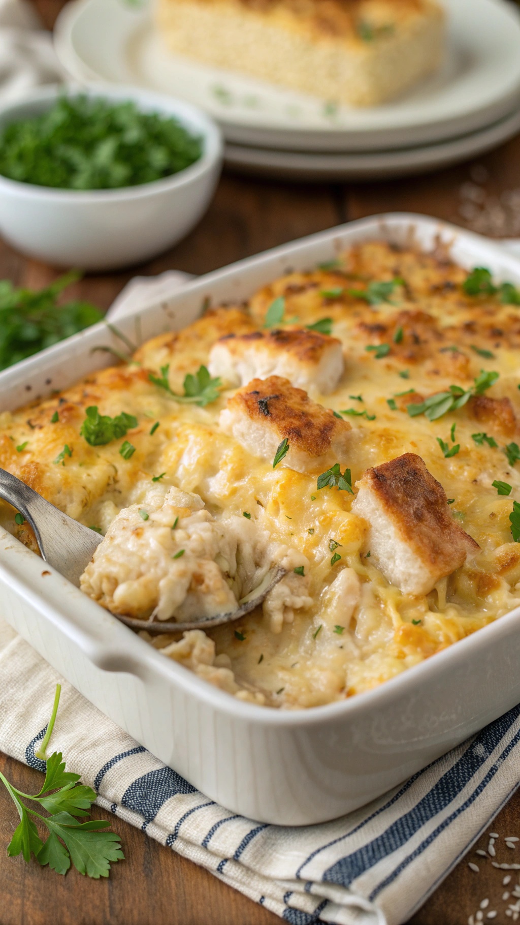 Cheesy Chicken and Rice Casserole in a baking dish, topped with bread crumbs and parsley.