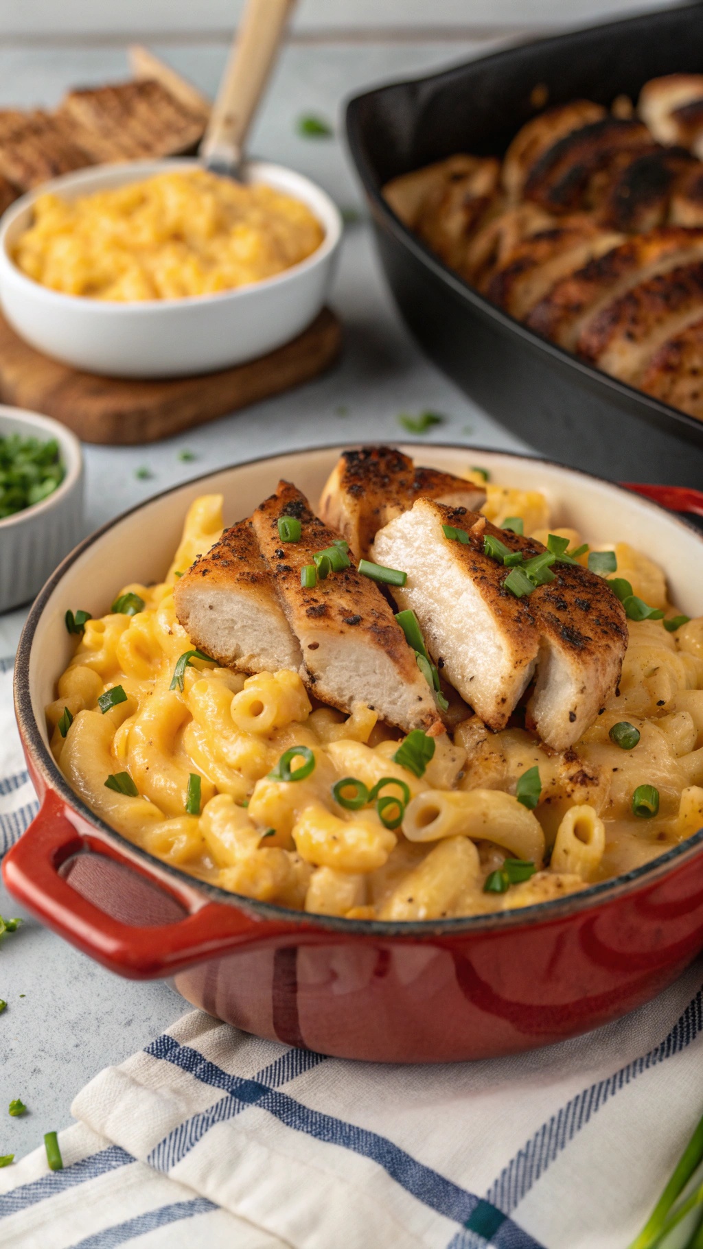 A bowl of cheesy chicken mac and cheese topped with sliced grilled chicken and green onions.