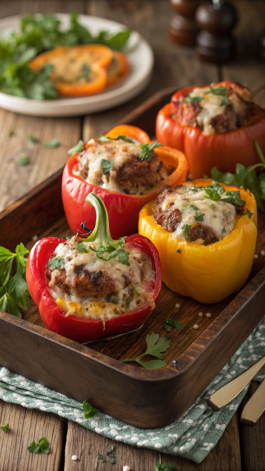 Cheesy meatball stuffed peppers in a wooden tray, garnished with parsley.