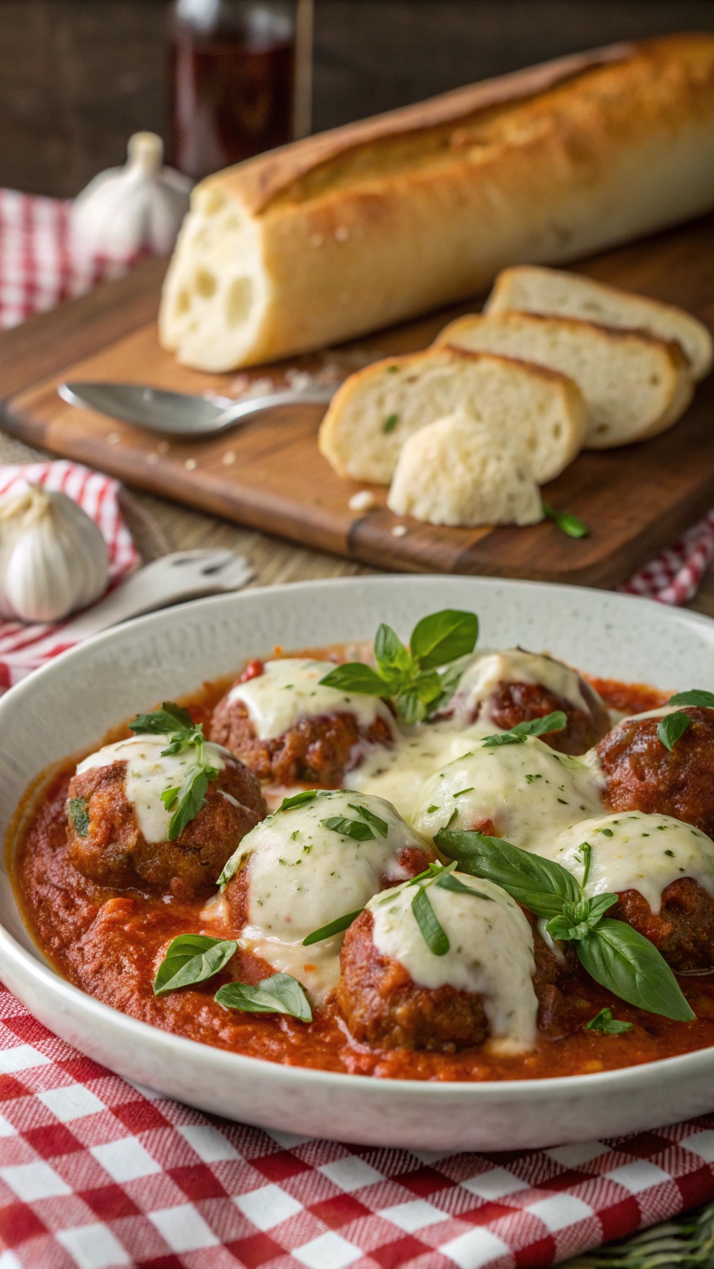 A plate of cheesy meatballs topped with melted mozzarella cheese, served in marinara sauce with fresh basil leaves.