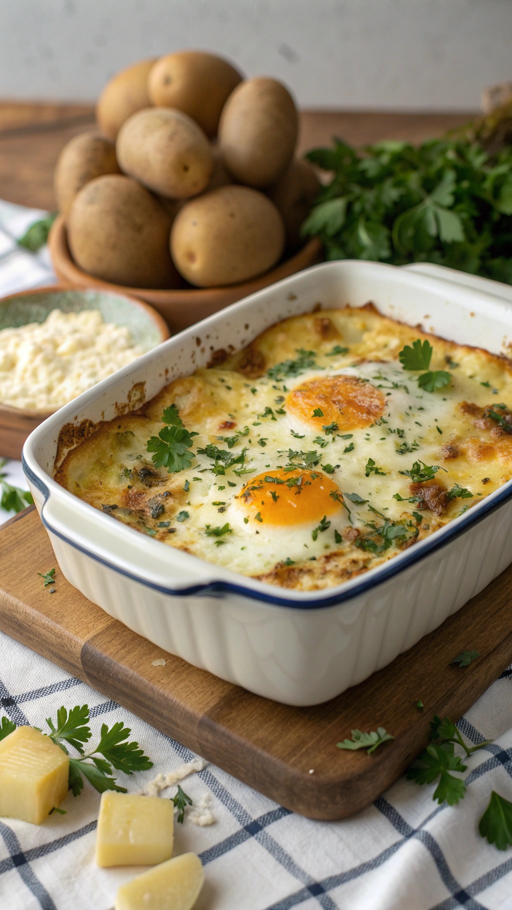 A cheesy potato and egg bake in a white dish, topped with fresh herbs, surrounded by potatoes and cheese.