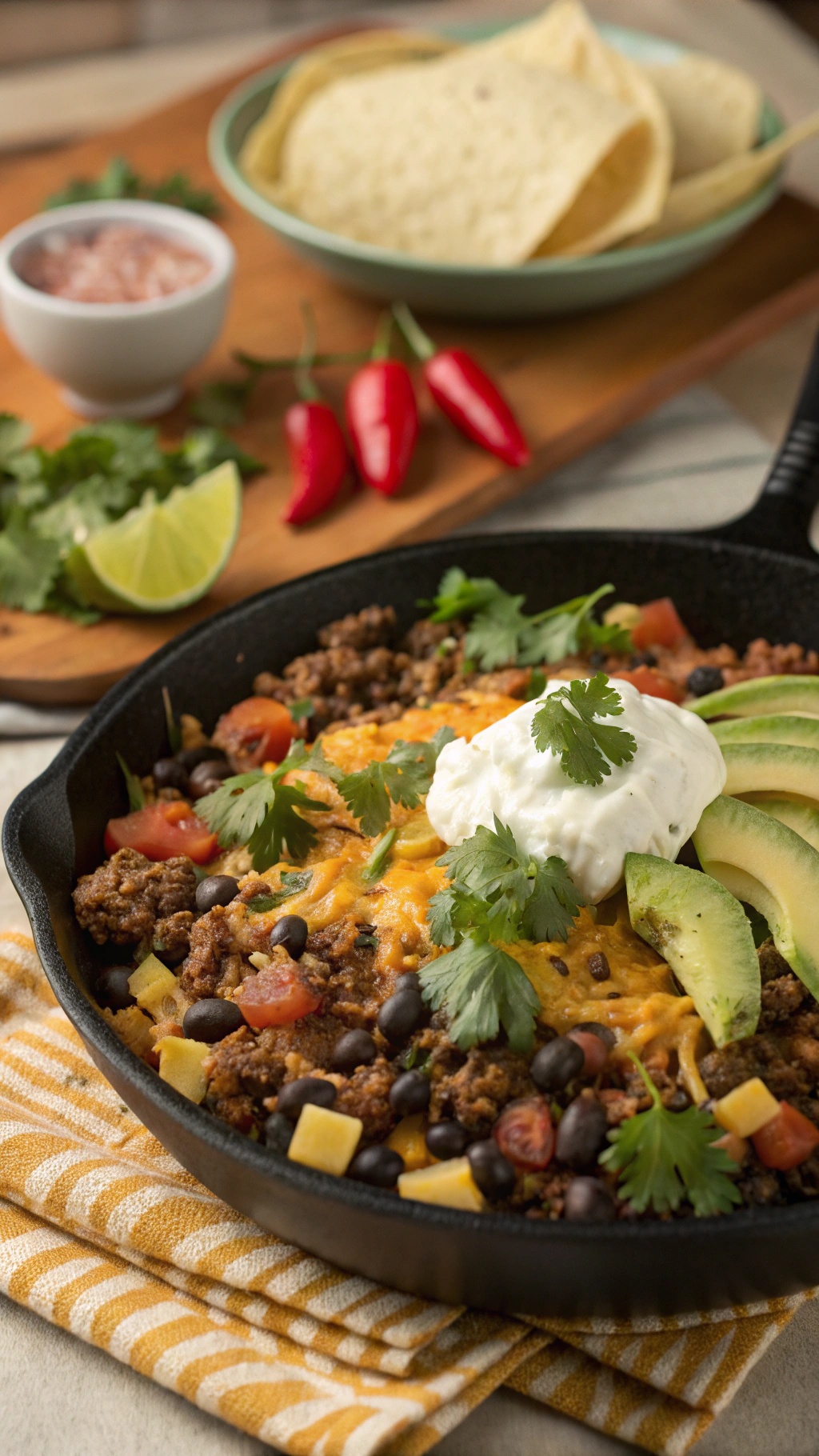 A delicious cheesy taco salad skillet topped with avocado, sour cream, and cilantro, served with tortillas and lime.