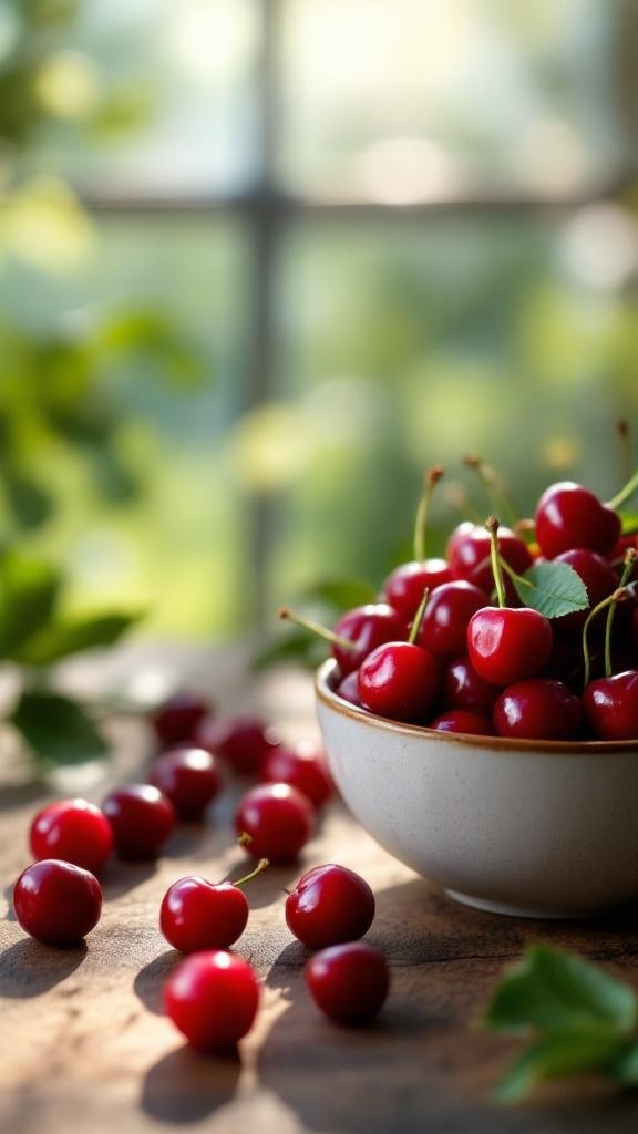 A bowl of fresh cherries on a wooden table, with some cherries scattered around.