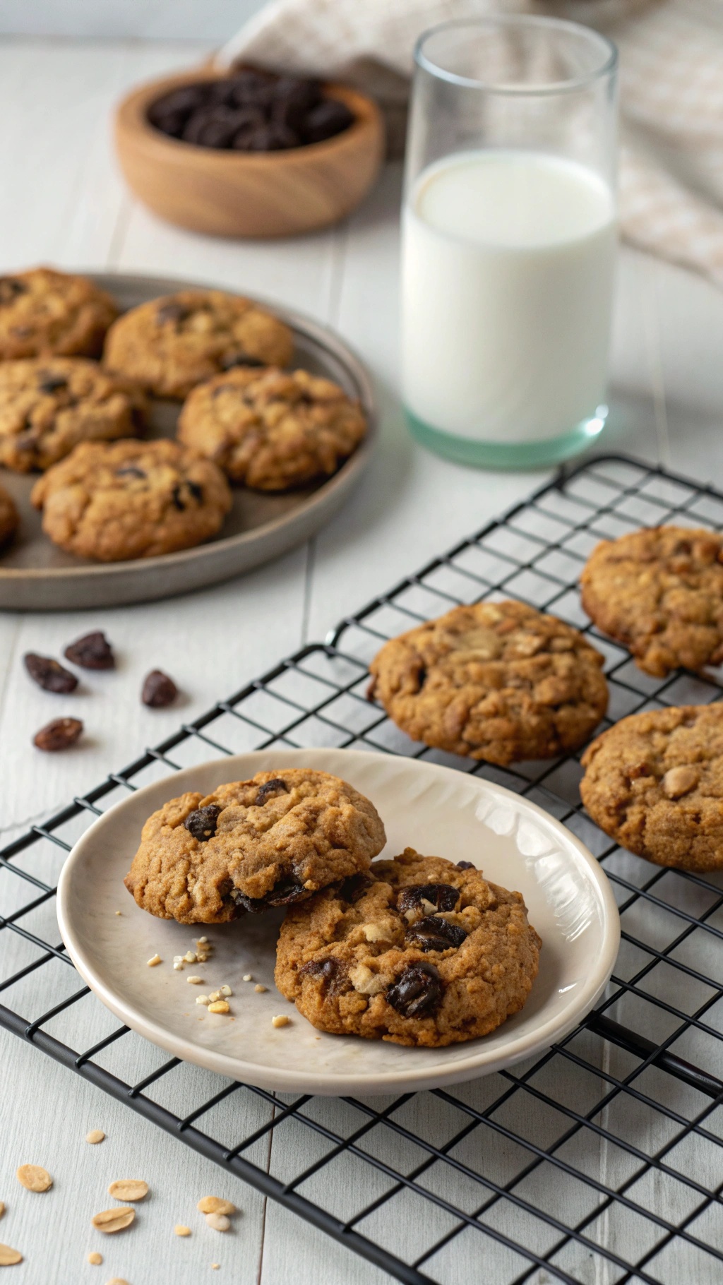 Healthy oatmeal raisin cookies on a plate with a glass of milk