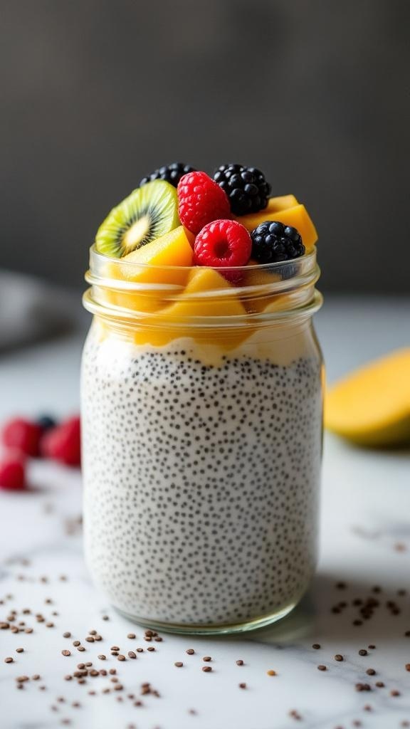 A jar of chia seed pudding topped with mango, kiwi, raspberries, and blackberries.
